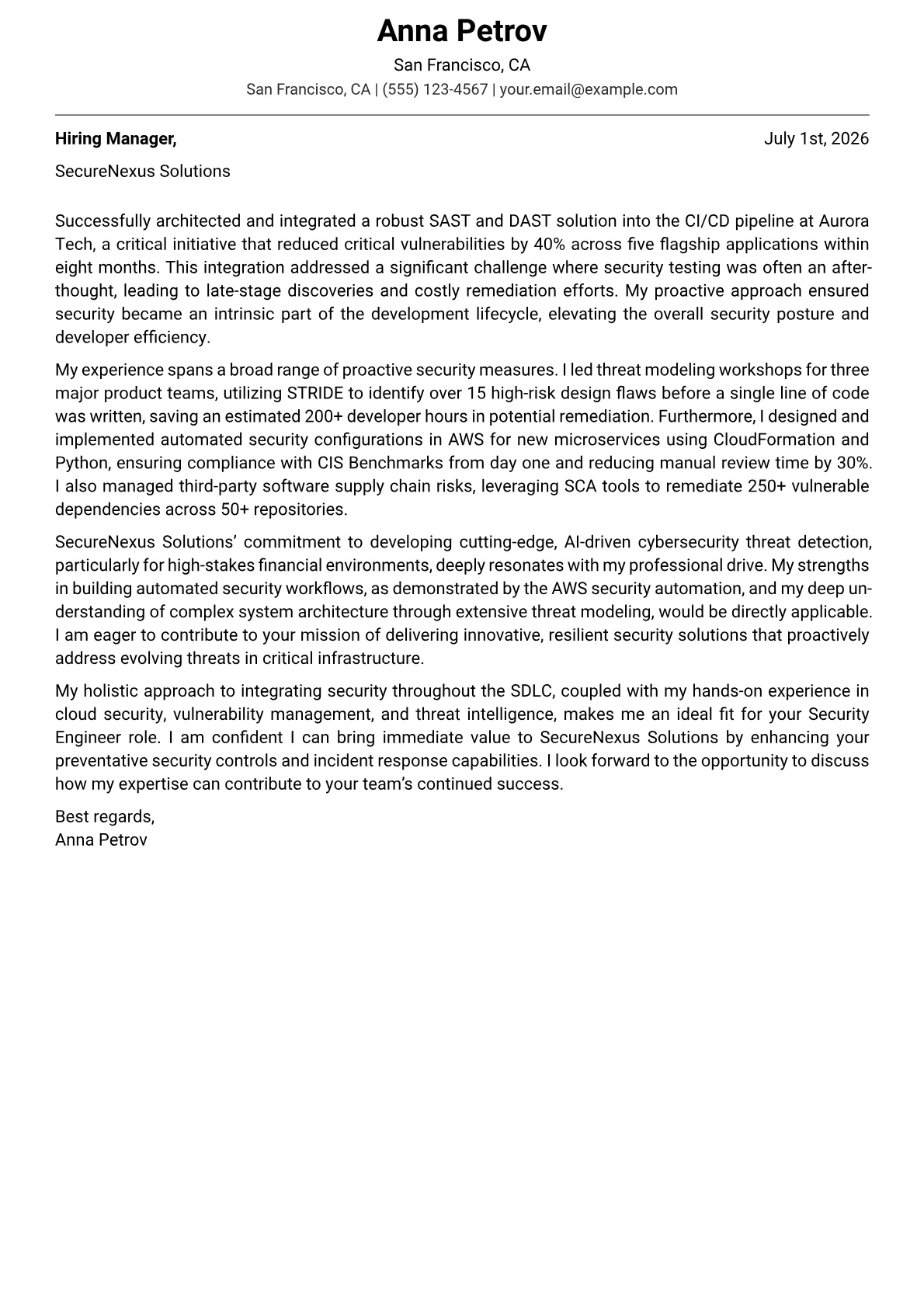 Security Engineer cover letter formatted with a JobSprout template
