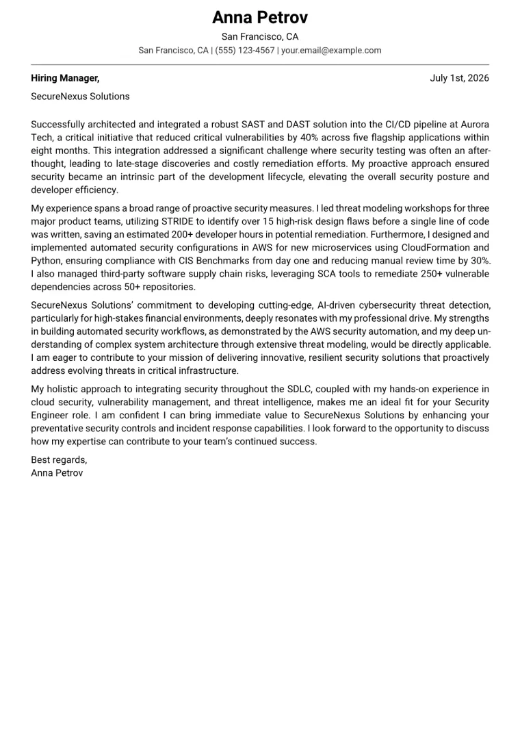 Security Engineer cover letter example preview