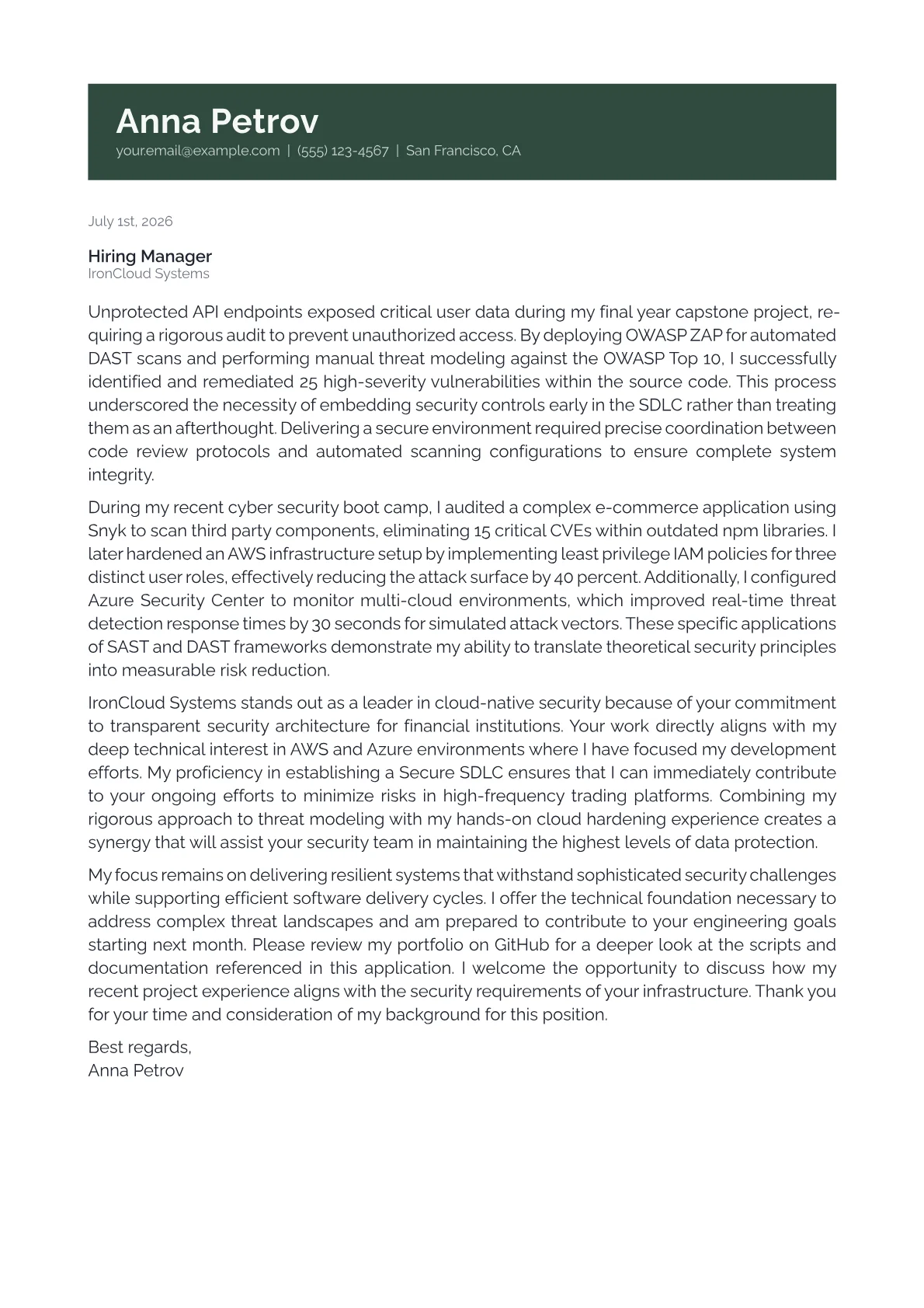 Security Engineer cover letter in the Banner design