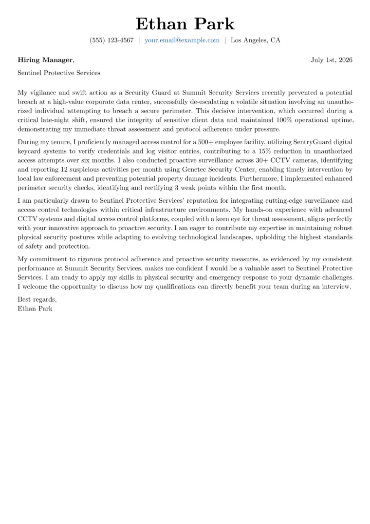 Security Guard Cover Letter Example
