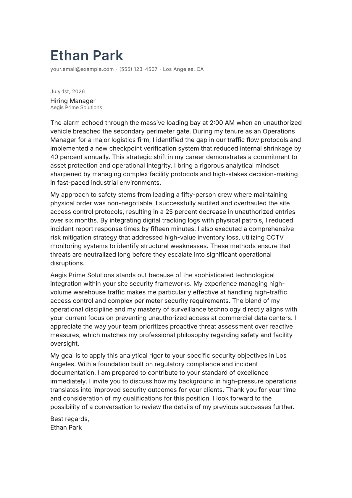 Security Guard cover letter in the Minimal design