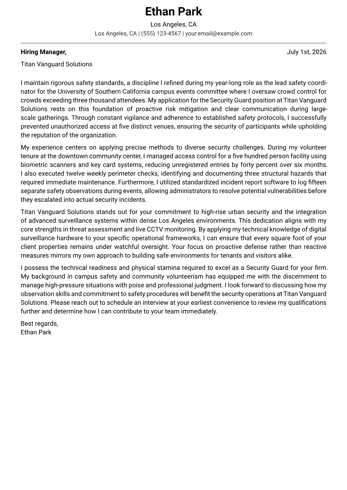 Security Guard cover letter in the Modern design