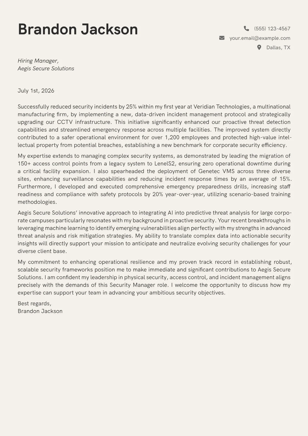Security Manager cover letter formatted with a JobSprout template
