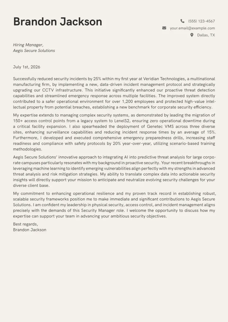 Security Manager Cover Letter Example