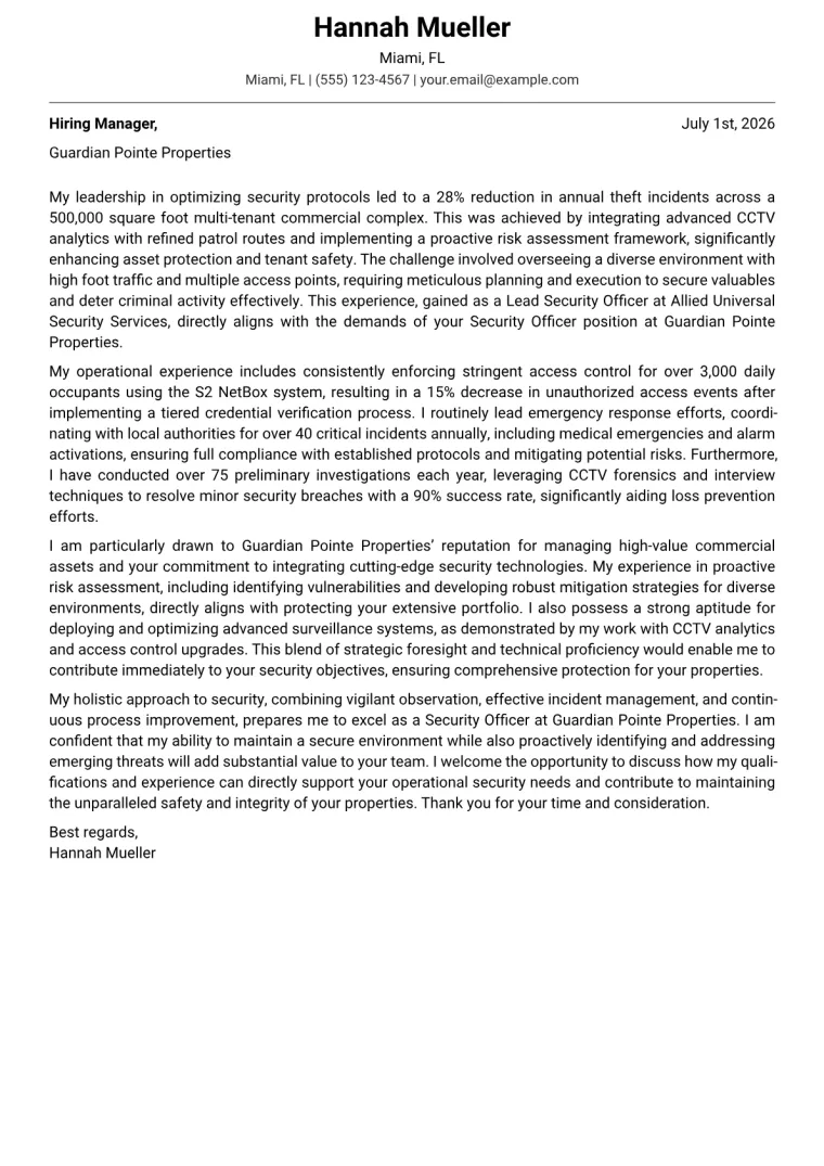 Security Officer Cover Letter Example