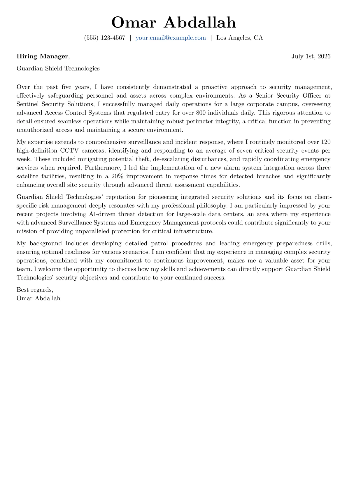Security Personnel cover letter formatted with a JobSprout template