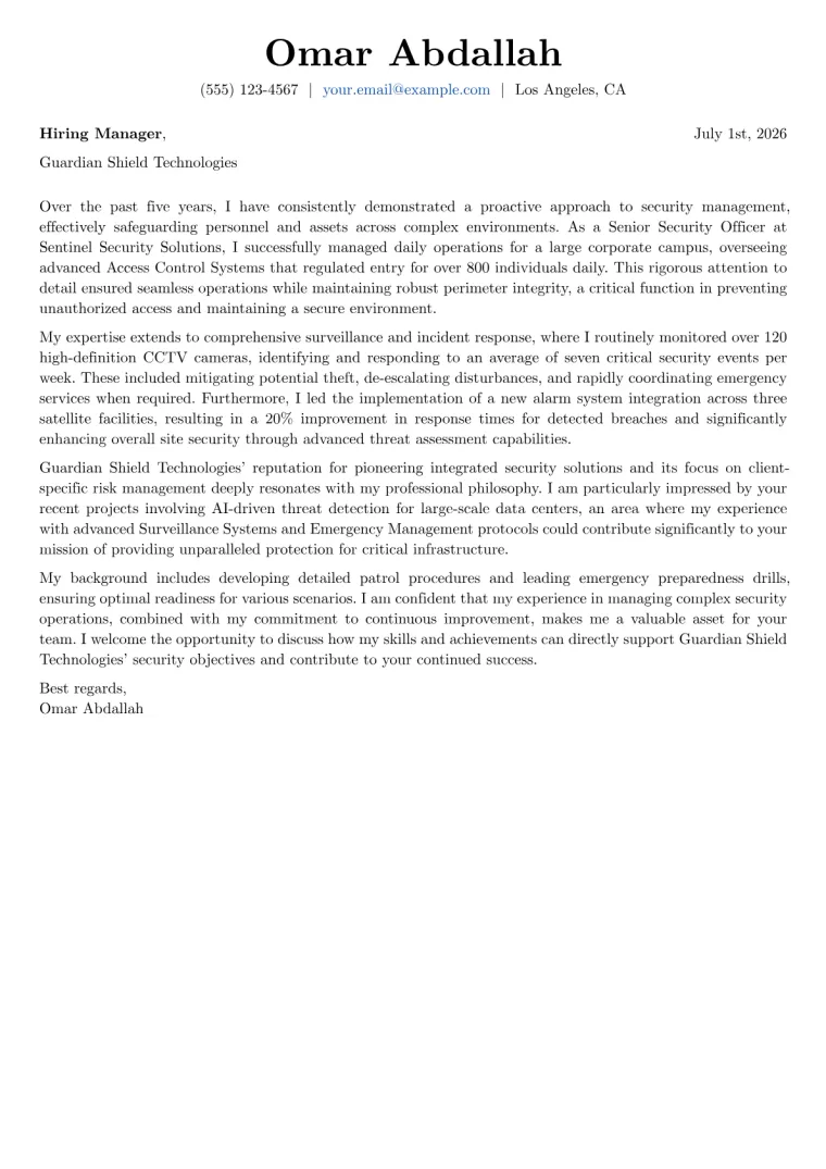 Security Personnel cover letter example preview