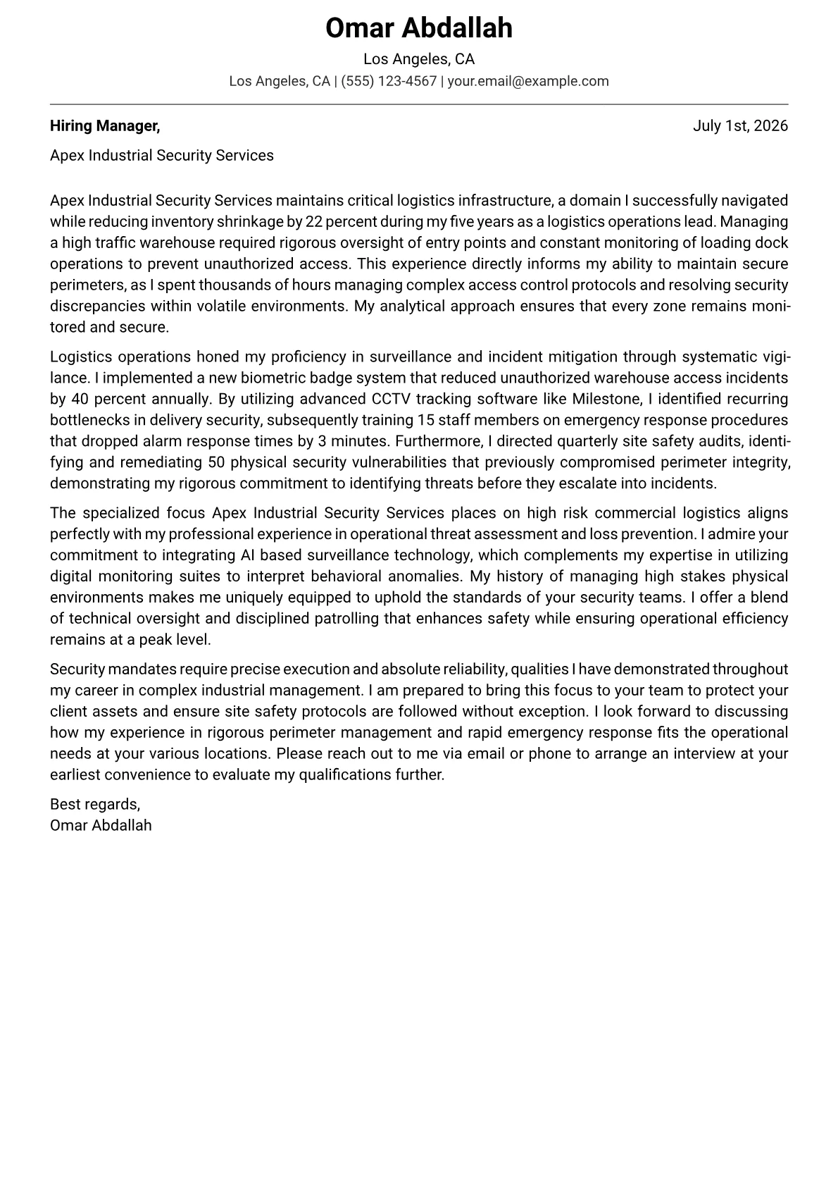 Security Personnel cover letter in the Modern design
