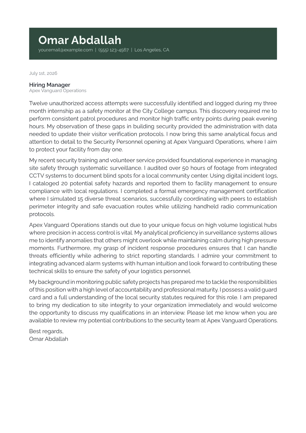 Security Personnel cover letter in the Banner design