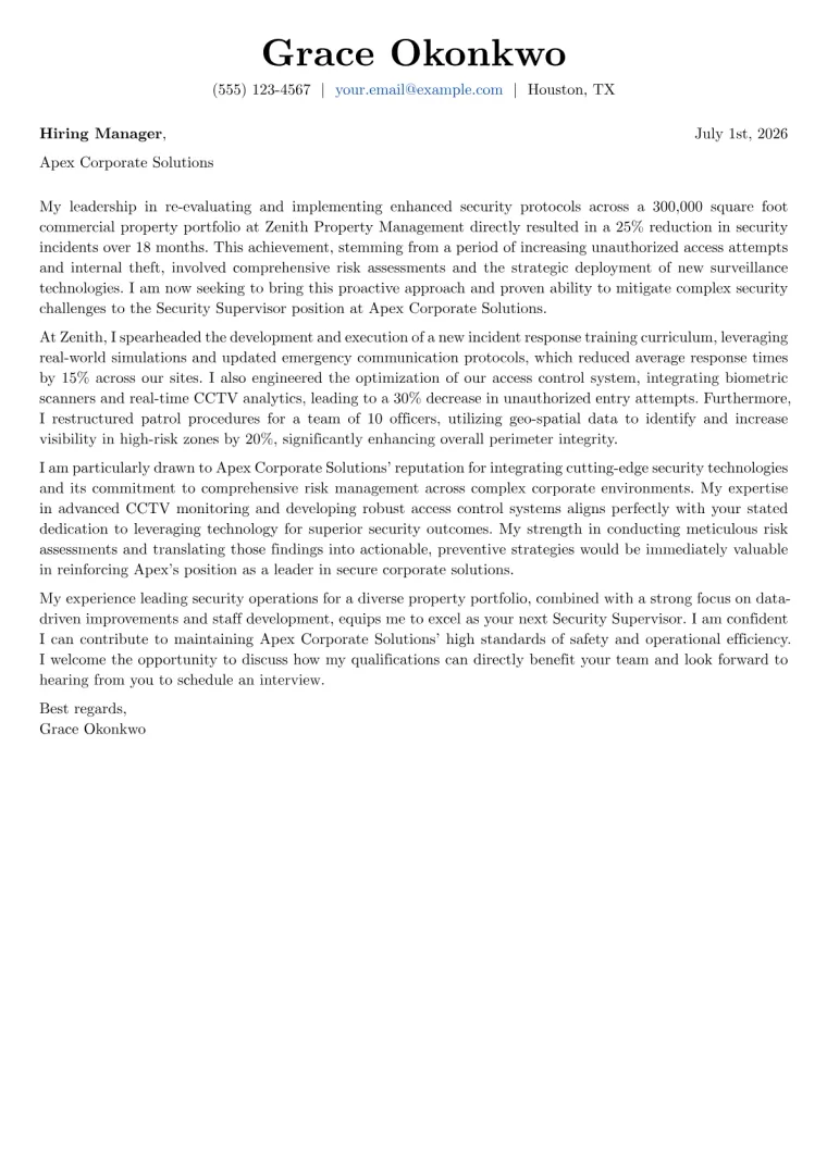 Security Supervisor cover letter example preview