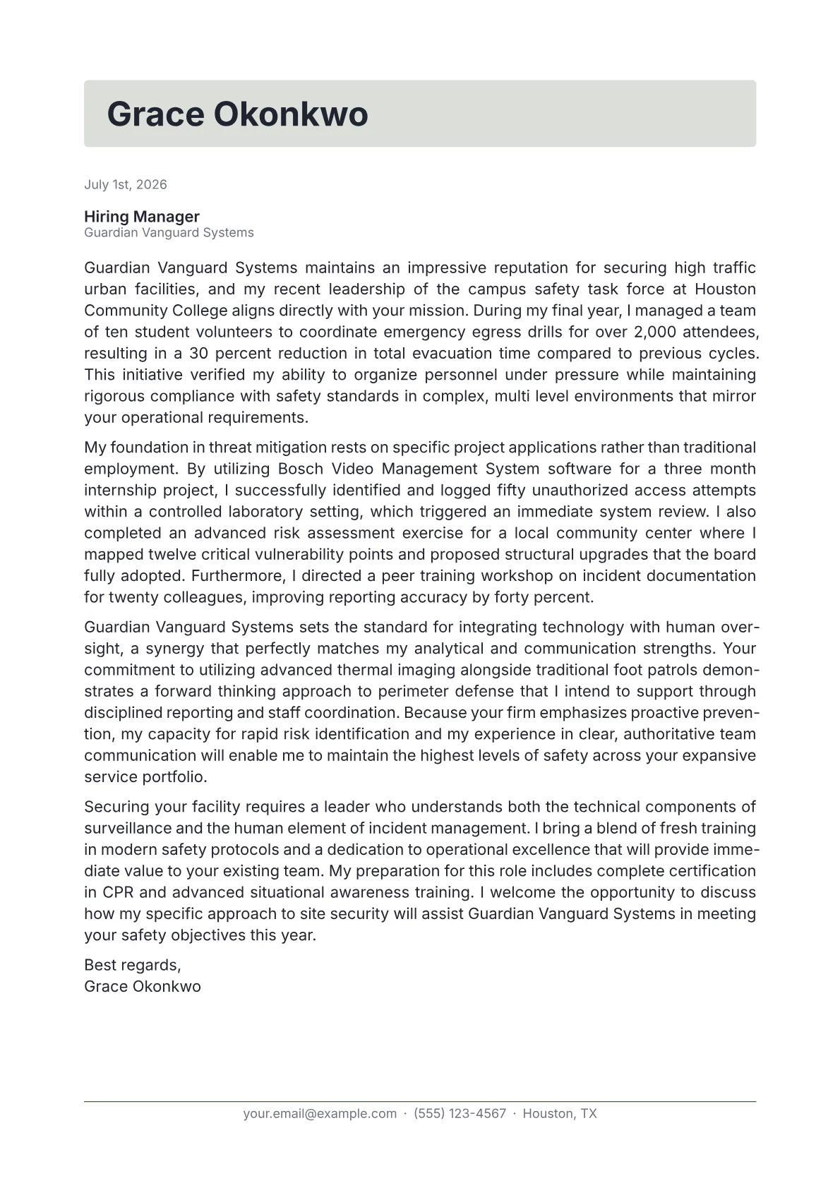Security Supervisor cover letter in the Letterhead design