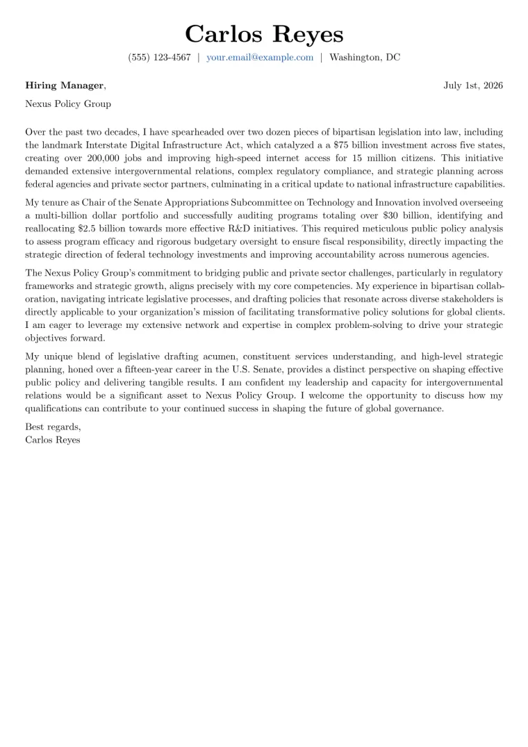 Senator Cover Letter Example + Template (2026)