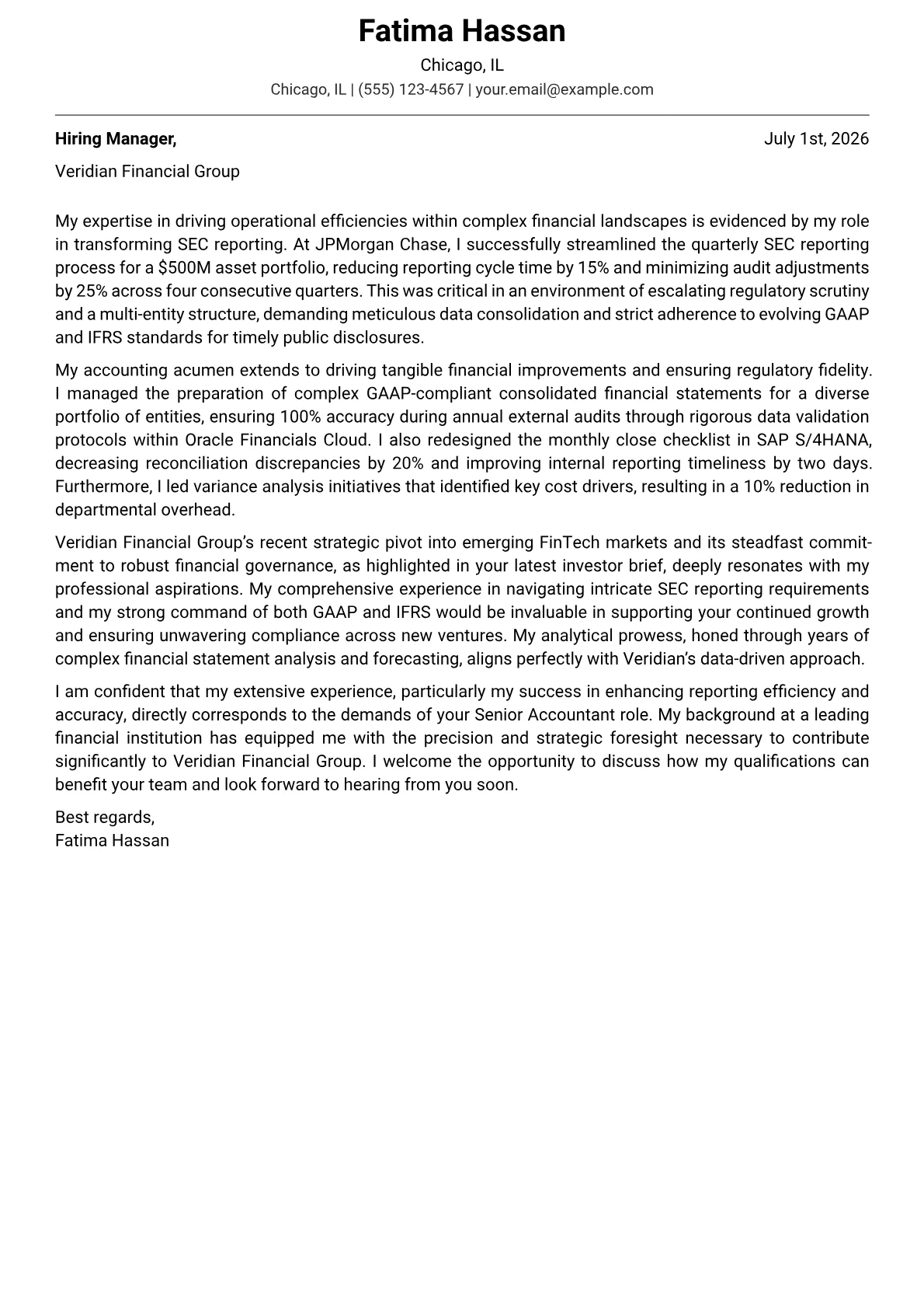 Senior Accountant cover letter formatted with a JobSprout template