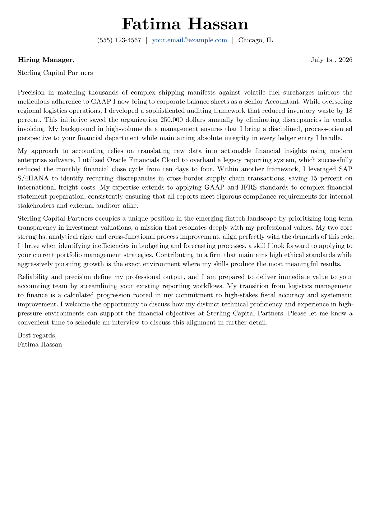 Senior Accountant cover letter in the Basic design