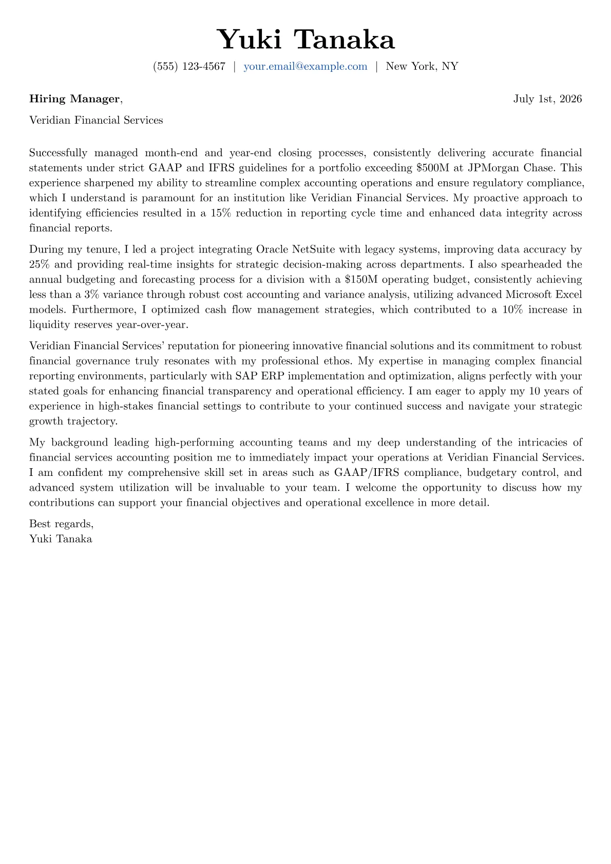 Cost Analysis Letter Example Senior Accounting Manager Cover Letter Example (2026)