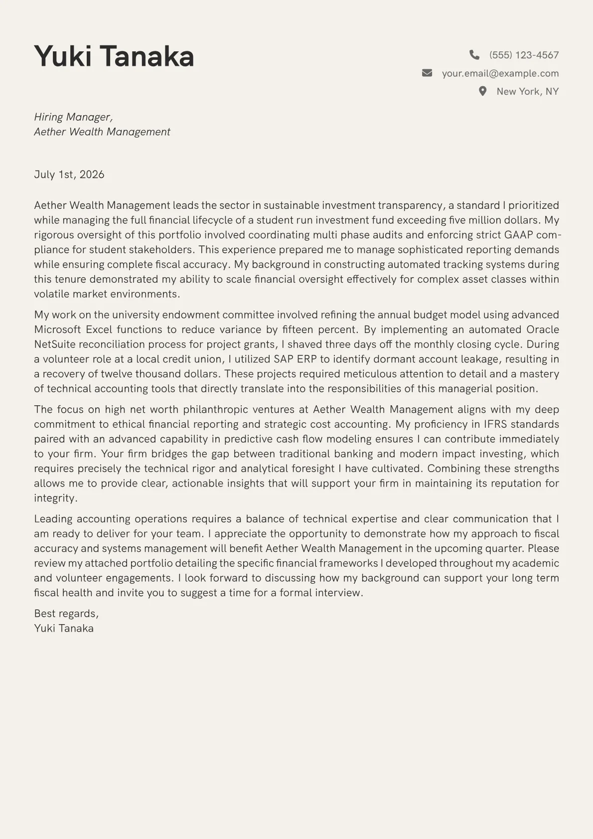Senior Accounting Manager Cover Letter Example (2026)