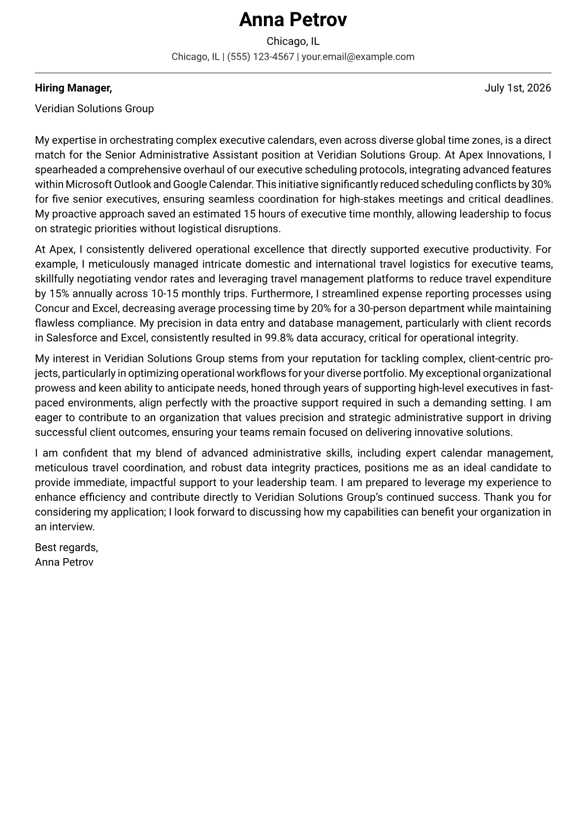Senior Administrative Assistant cover letter formatted with a JobSprout template
