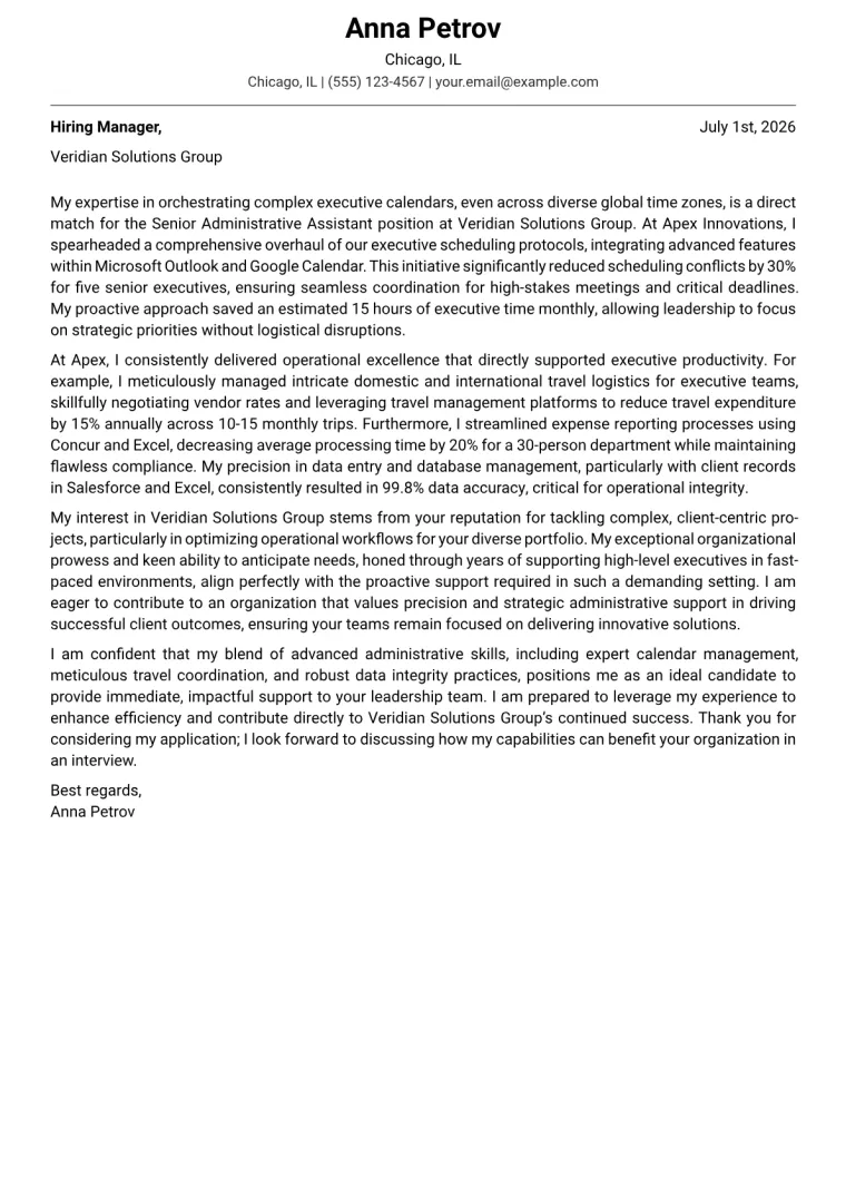 Senior Administrative Assistant Cover Letter Example