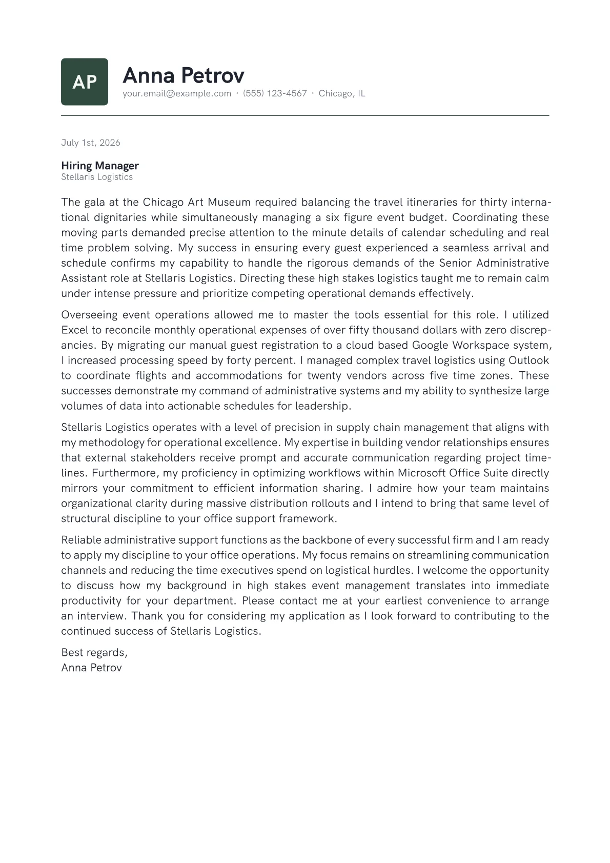 Senior Administrative Assistant cover letter in the Emblem design