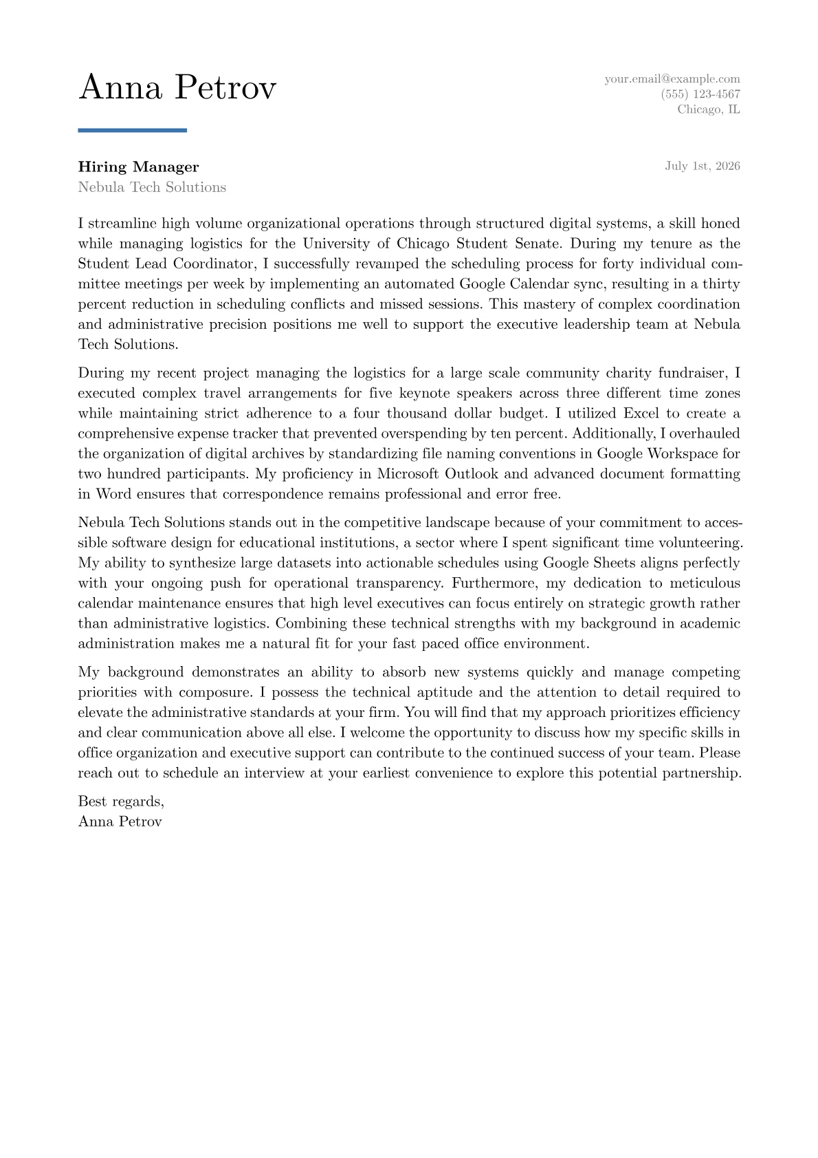 Senior Administrative Assistant cover letter in the Executive design