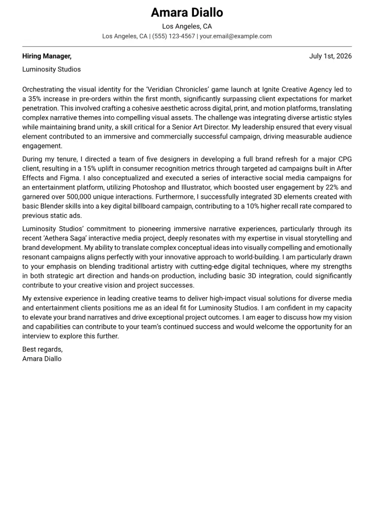 Senior Art Director cover letter example preview