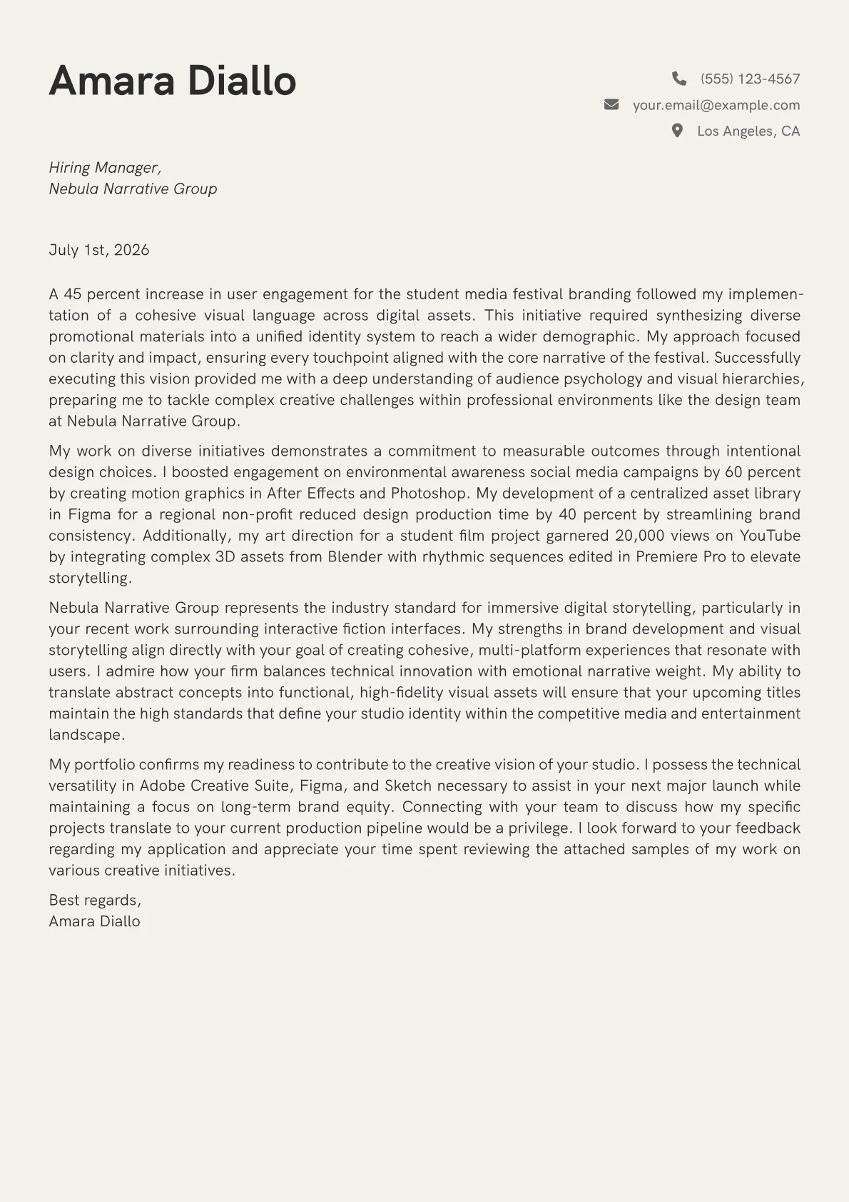 Senior Art Director cover letter in the Creative design