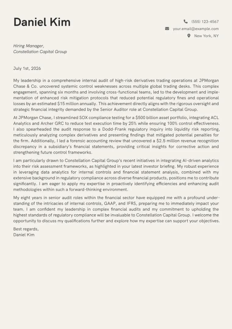 Senior Auditor cover letter example