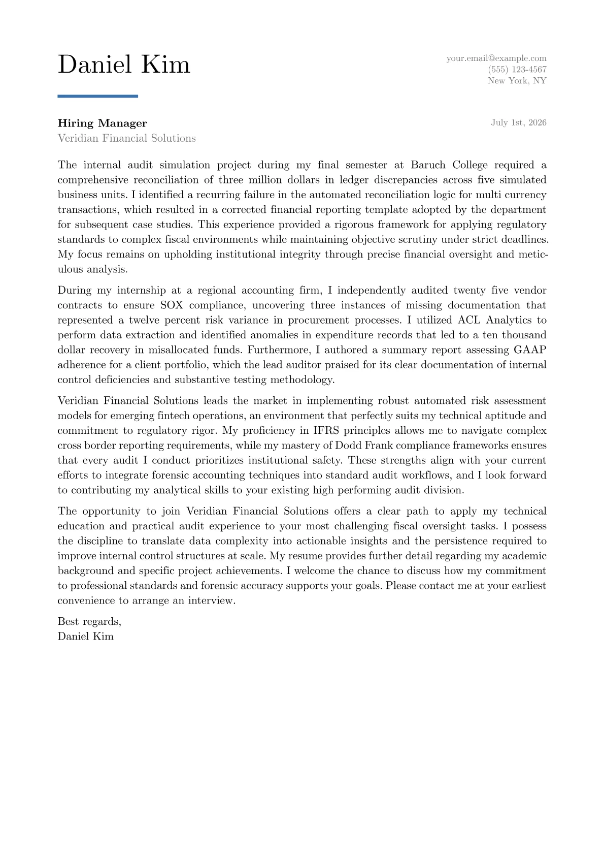 Senior Auditor cover letter in the Executive design