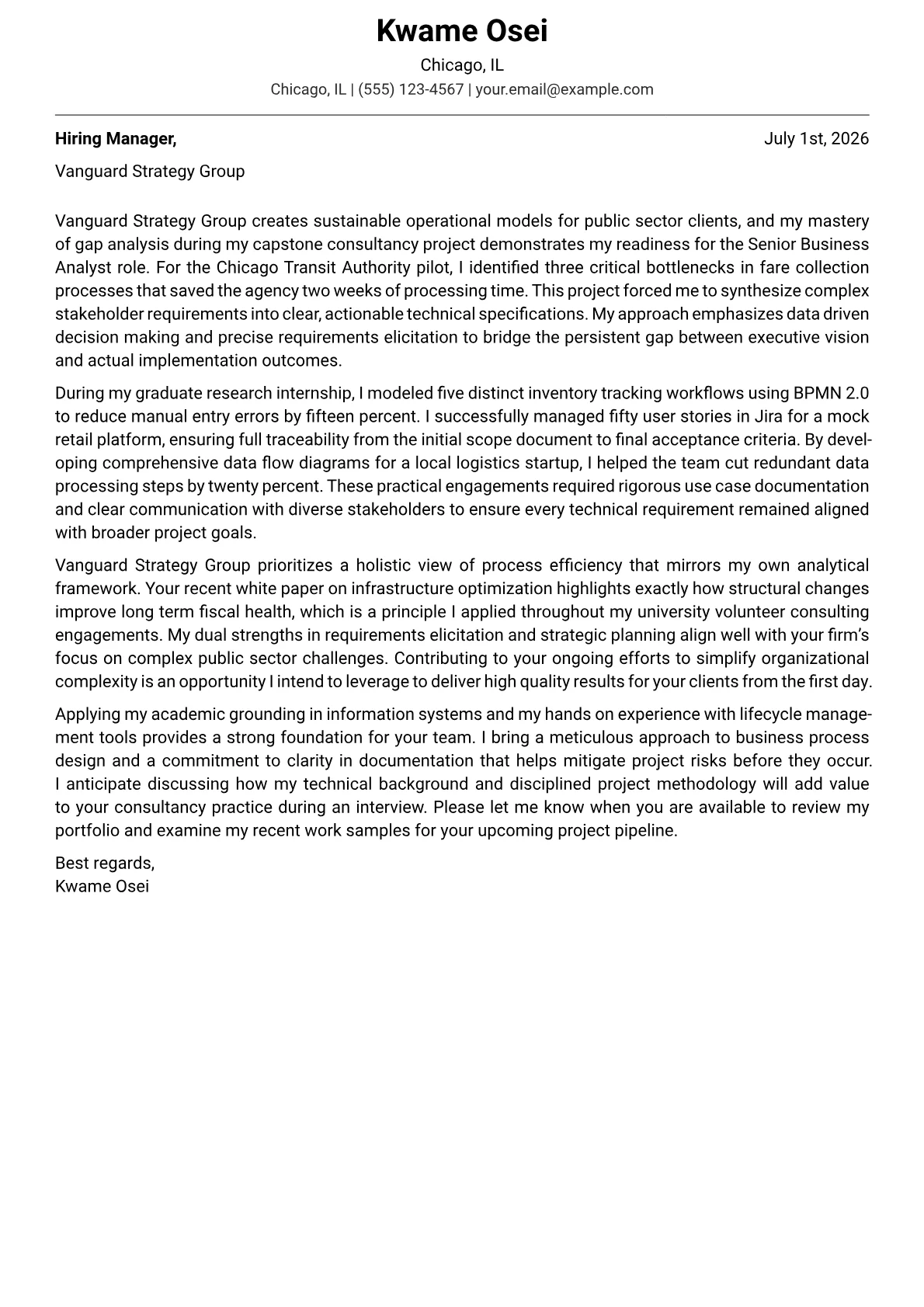 Senior Business Analyst cover letter in the Modern design