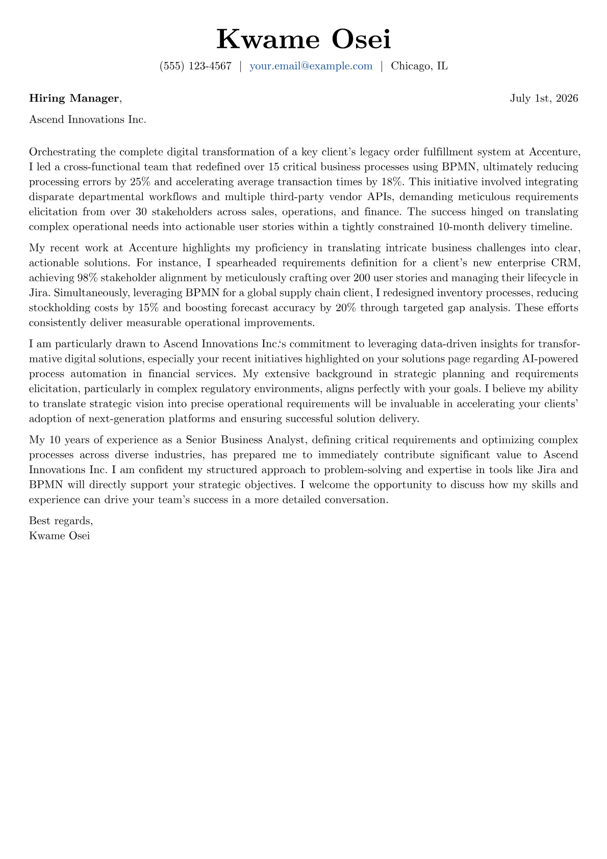 Senior Business Analyst cover letter formatted with a JobSprout template