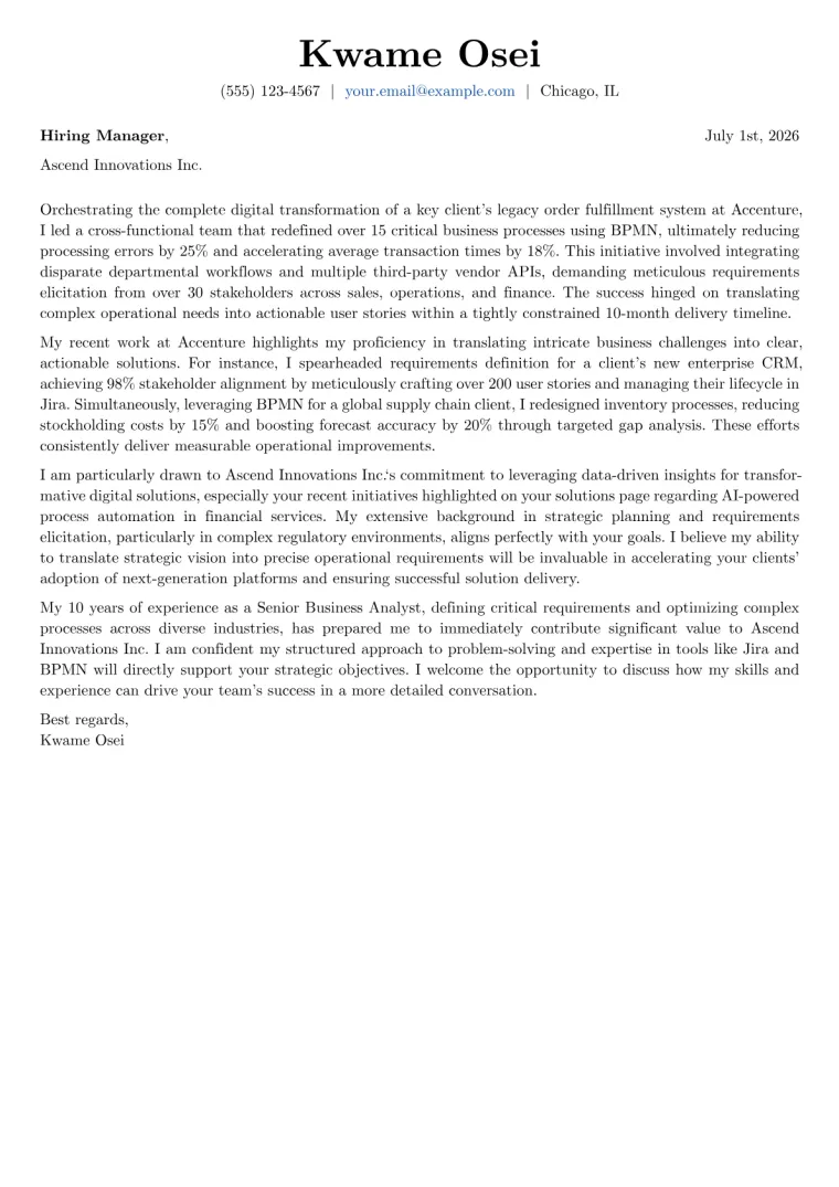 Senior Business Analyst cover letter example preview