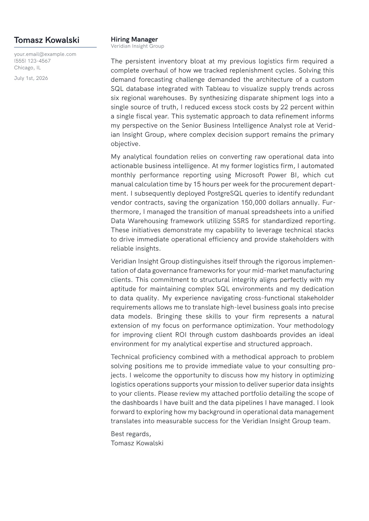 Senior Business Intelligence Analyst cover letter in the Margin design