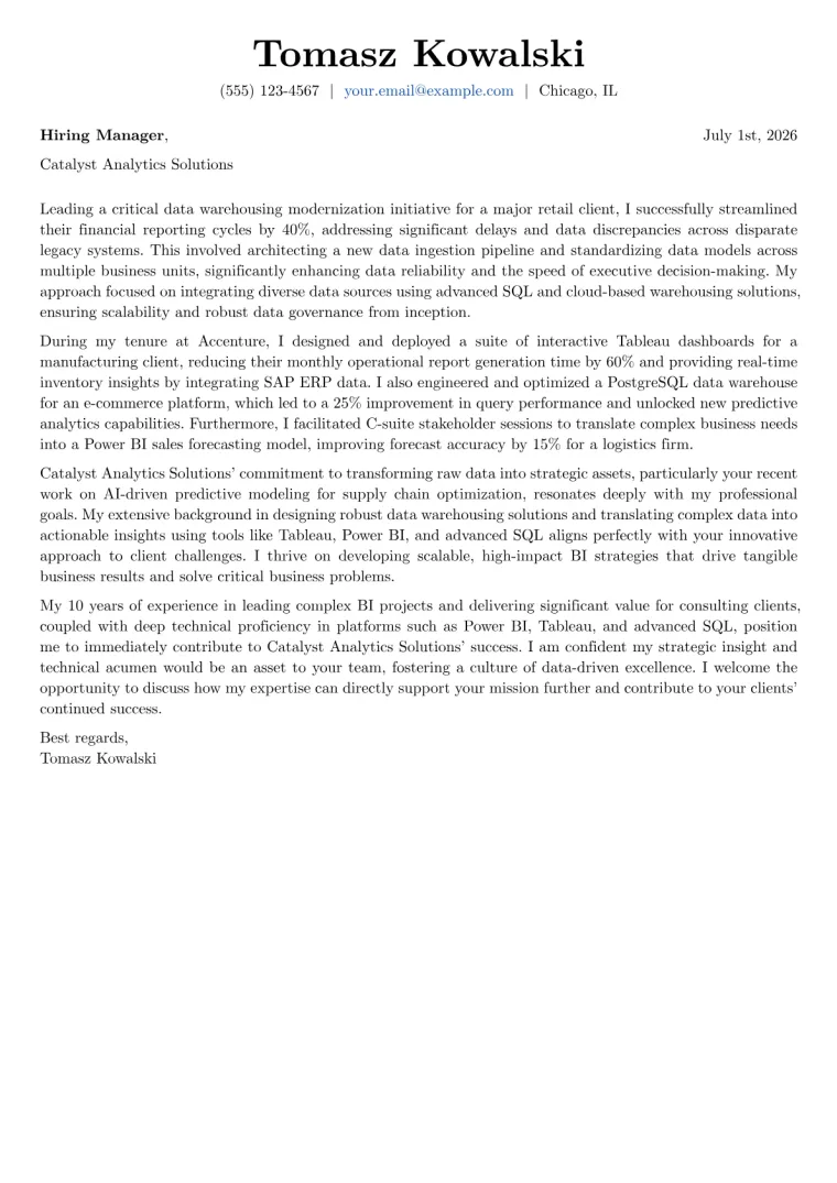 Senior Business Intelligence Analyst Cover Letter Example