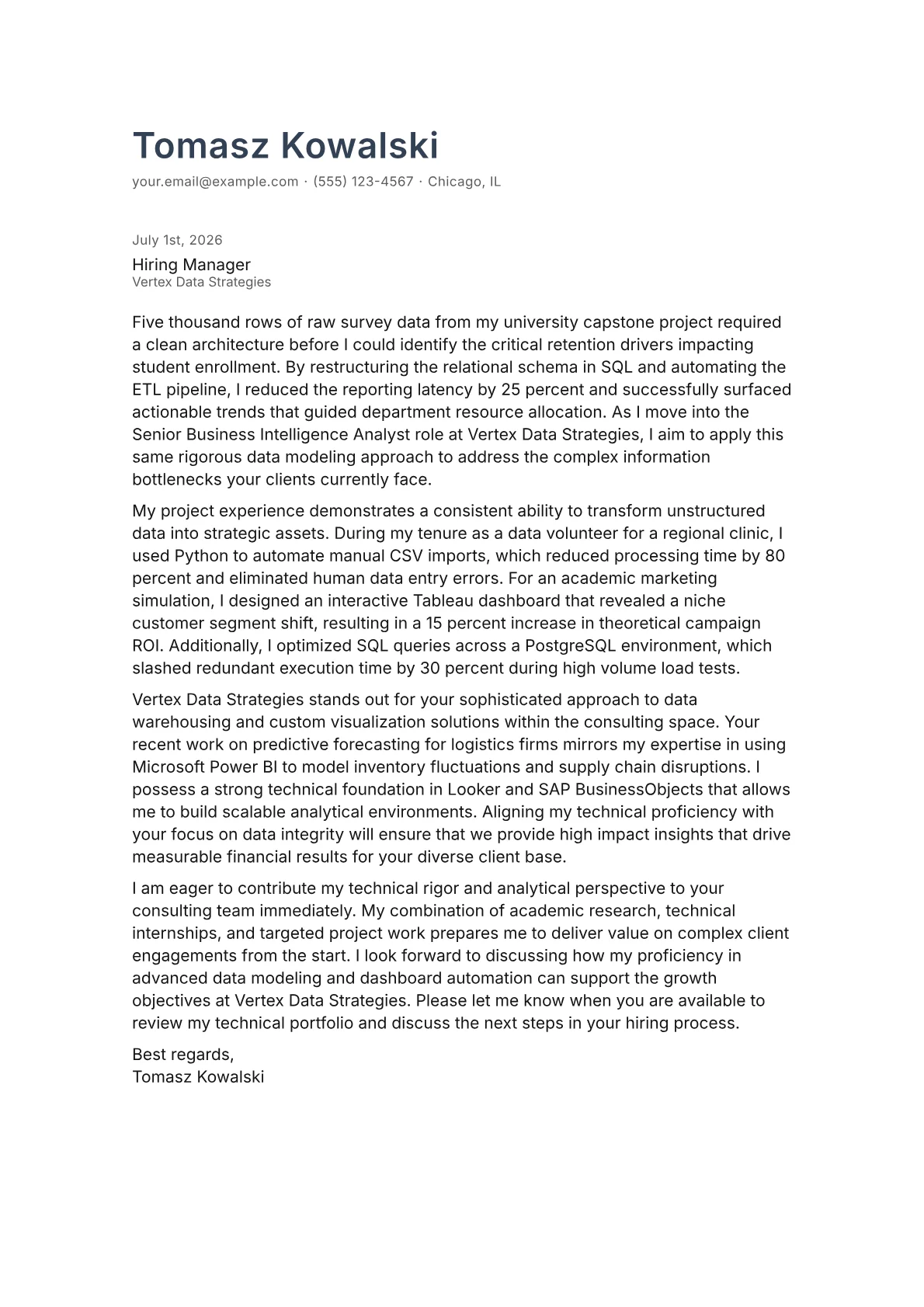 Senior Business Intelligence Analyst cover letter in the Minimal design