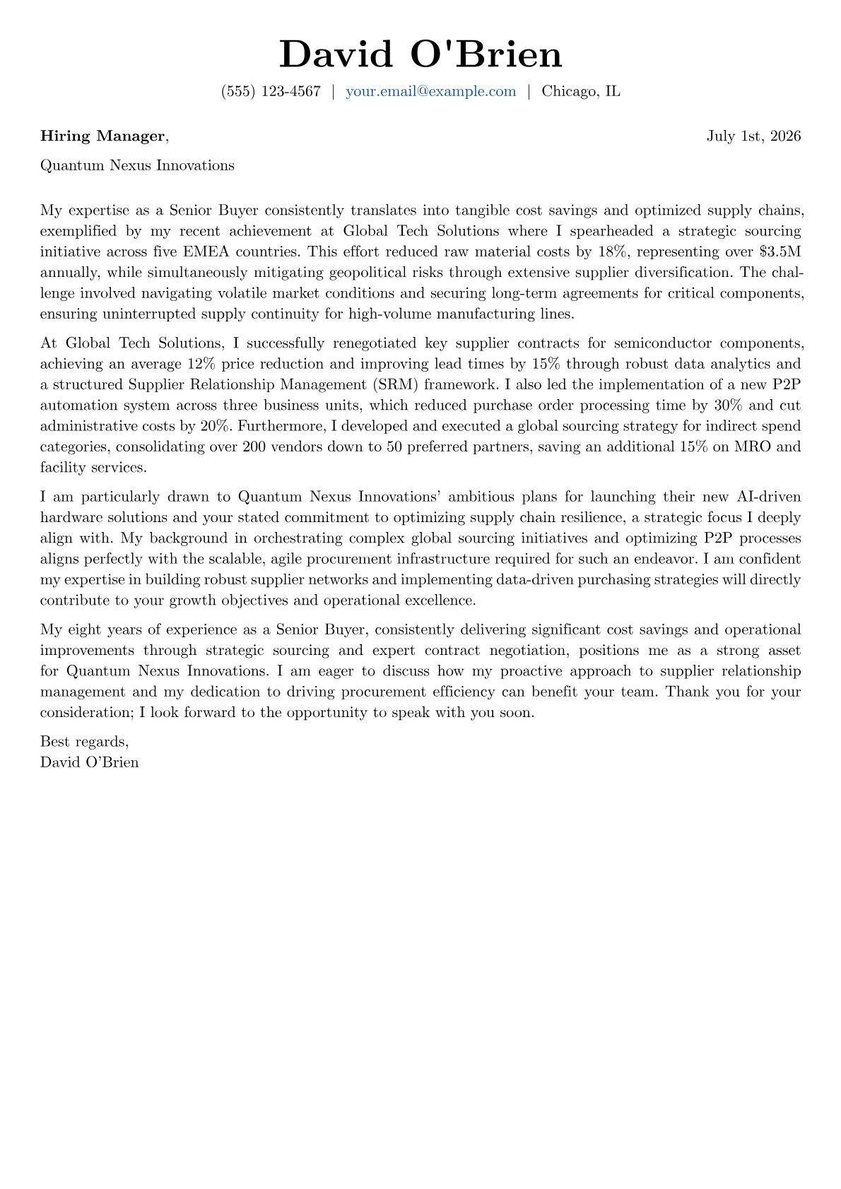 Senior Buyer cover letter formatted with a JobSprout template