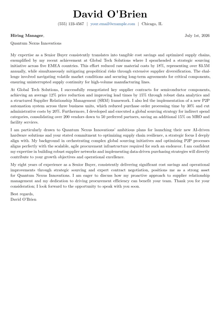Senior Buyer cover letter example preview