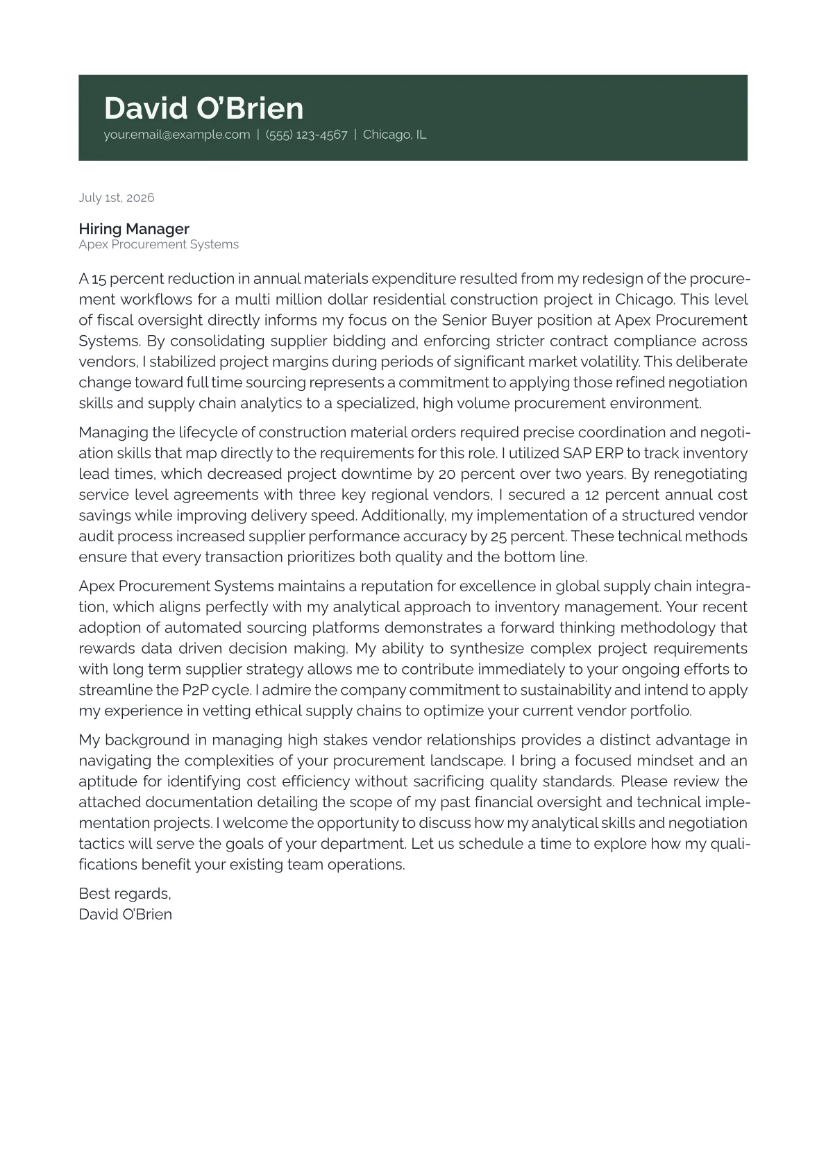 Senior Buyer cover letter in the Banner design
