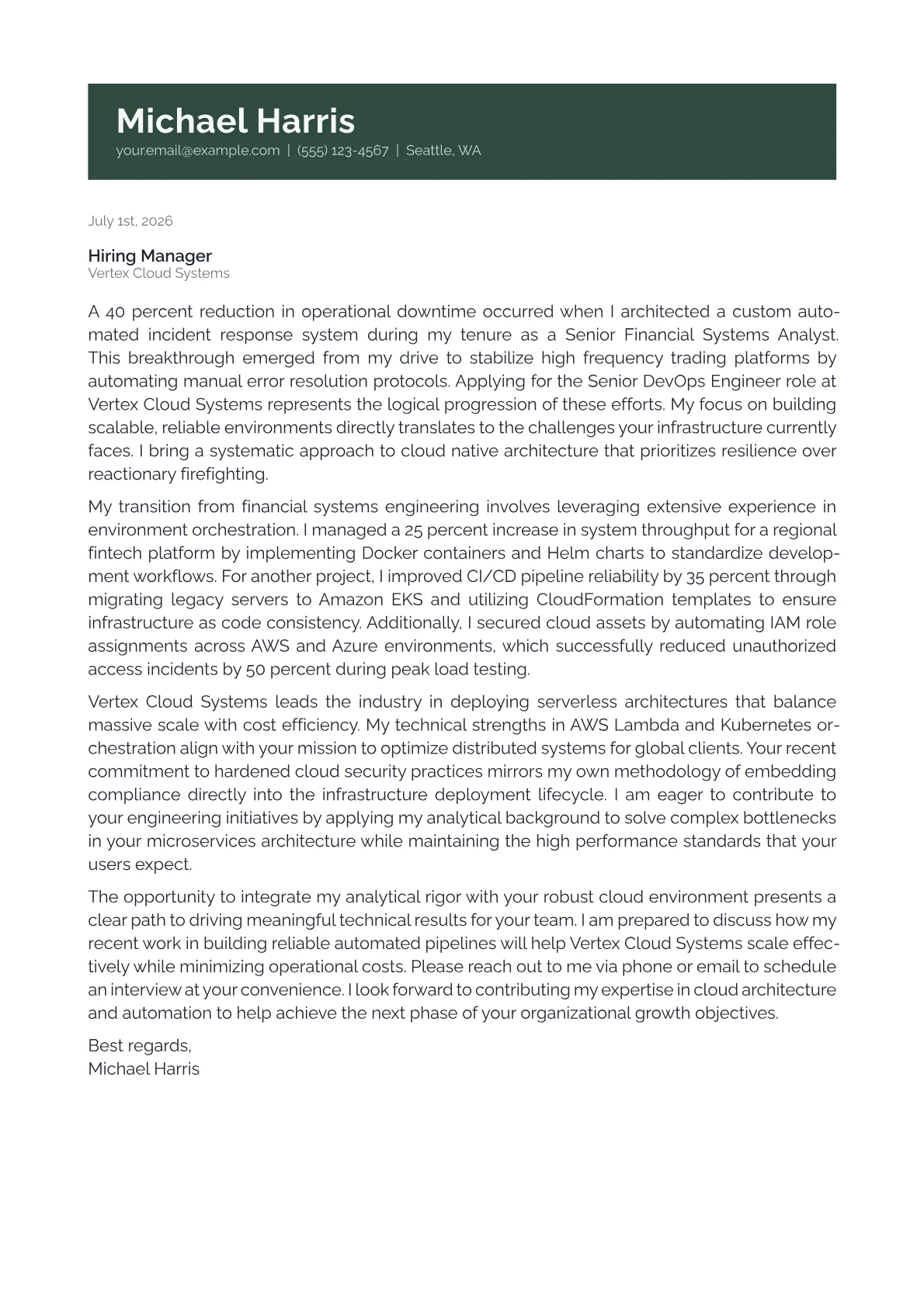 Senior DevOps Engineer cover letter in the Banner design