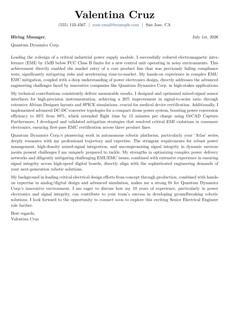Senior Electrical Engineer cover letter example
