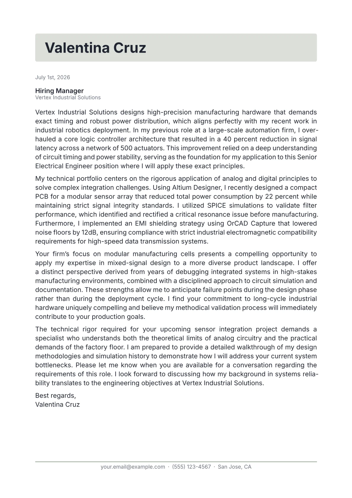 Senior Electrical Engineer cover letter in the Letterhead design