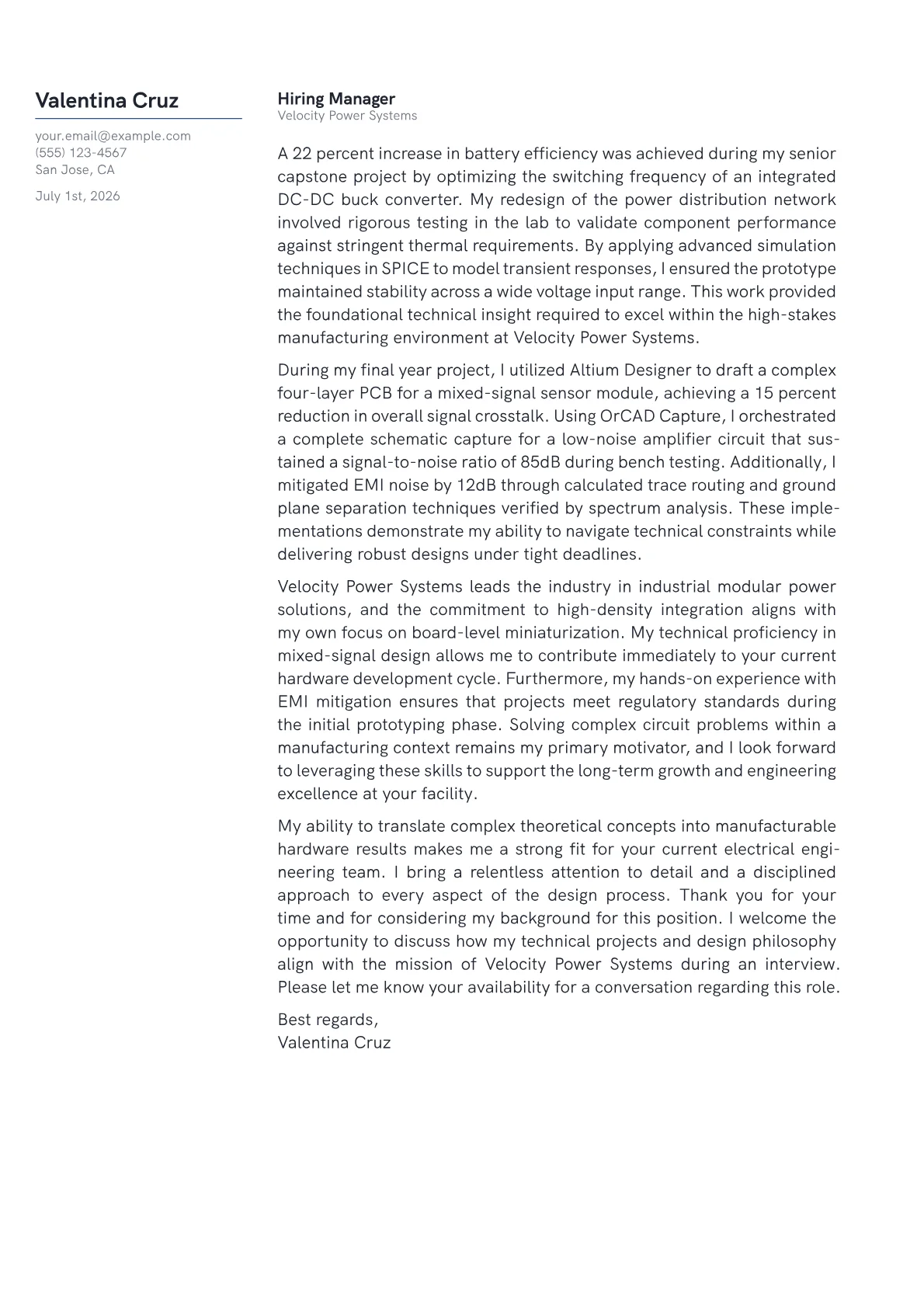 Senior Electrical Engineer cover letter in the Margin design