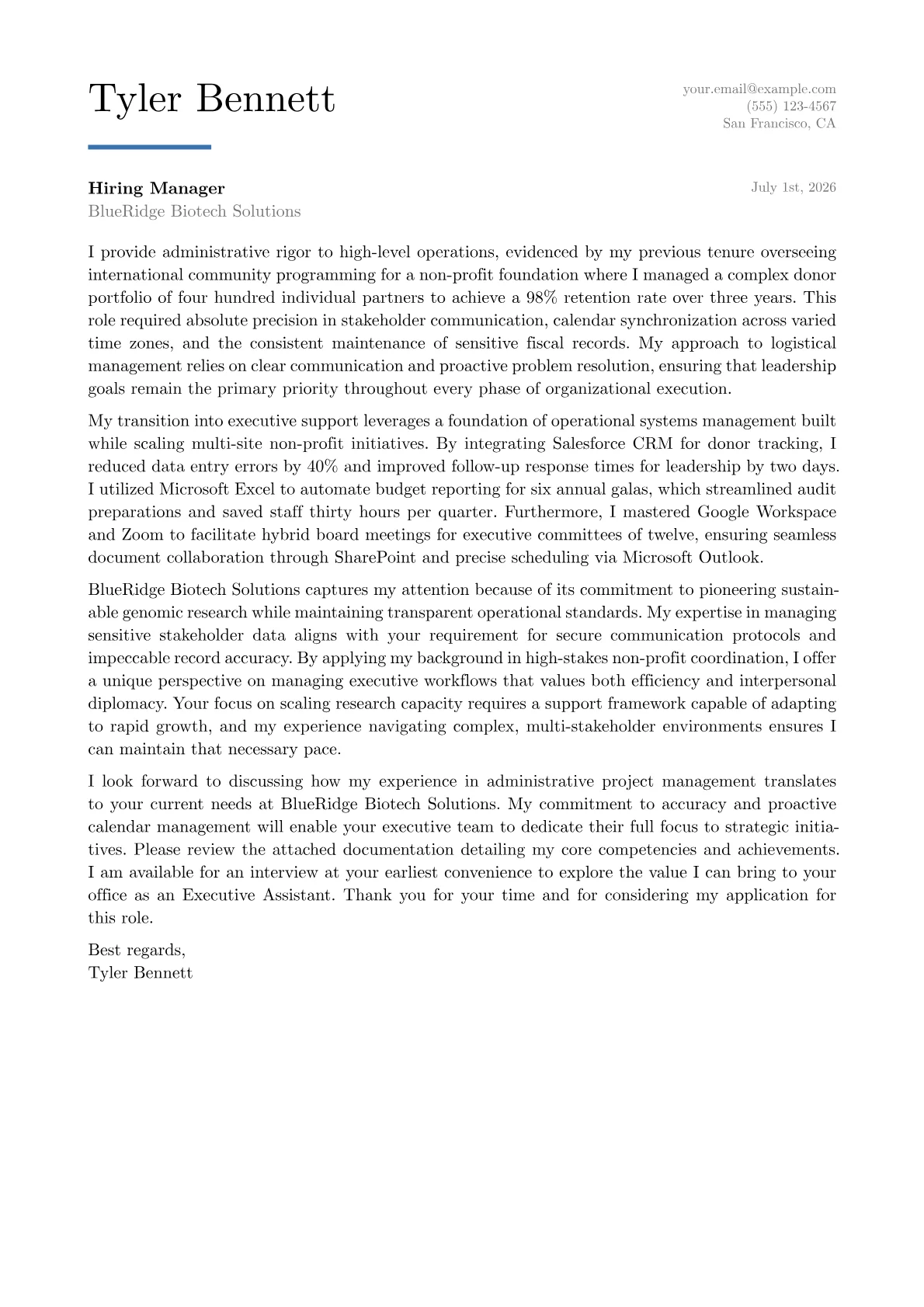 Senior Executive Assistant cover letter in the Executive design