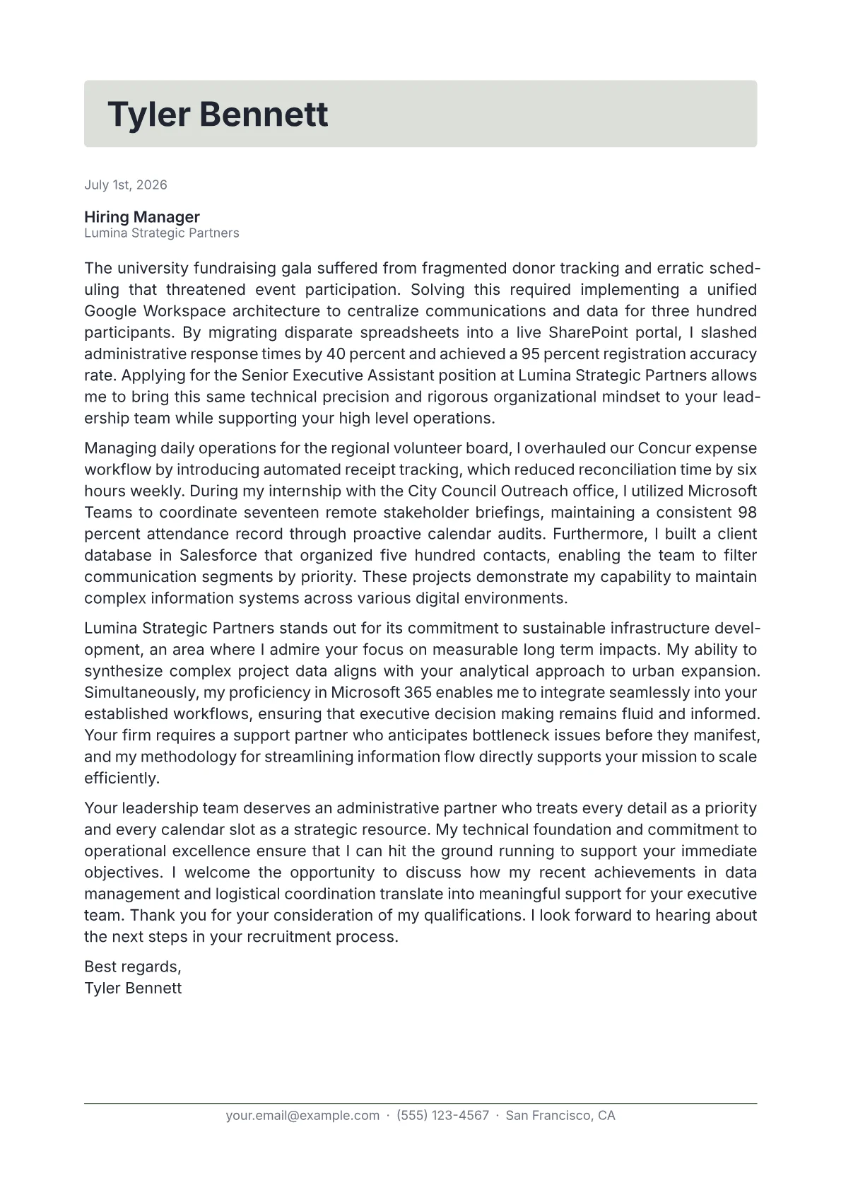 Senior Executive Assistant cover letter in the Letterhead design