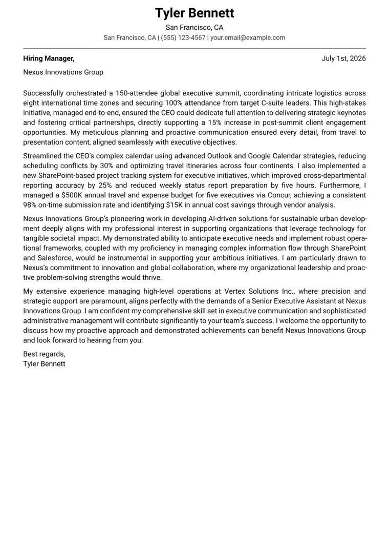Senior Executive Assistant cover letter example preview