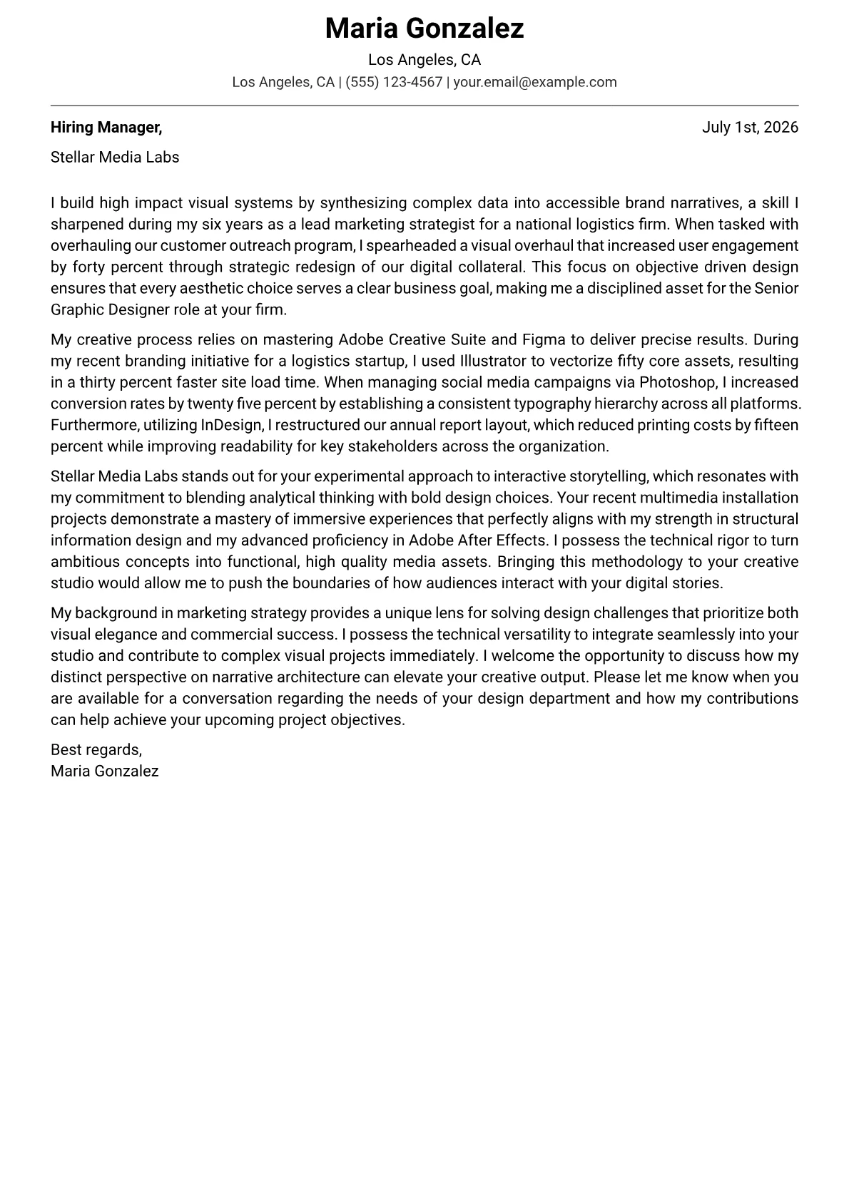 Senior Graphic Designer cover letter in the Modern design