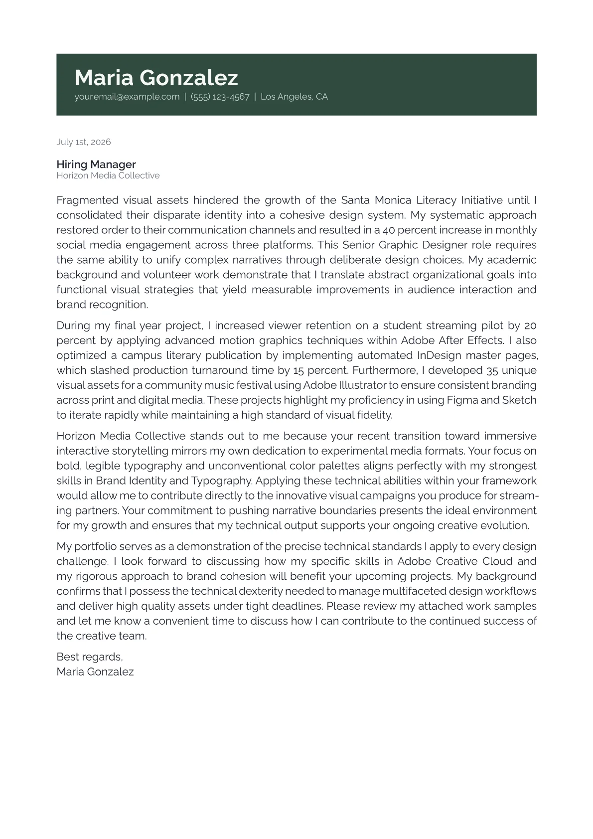 Senior Graphic Designer cover letter in the Banner design