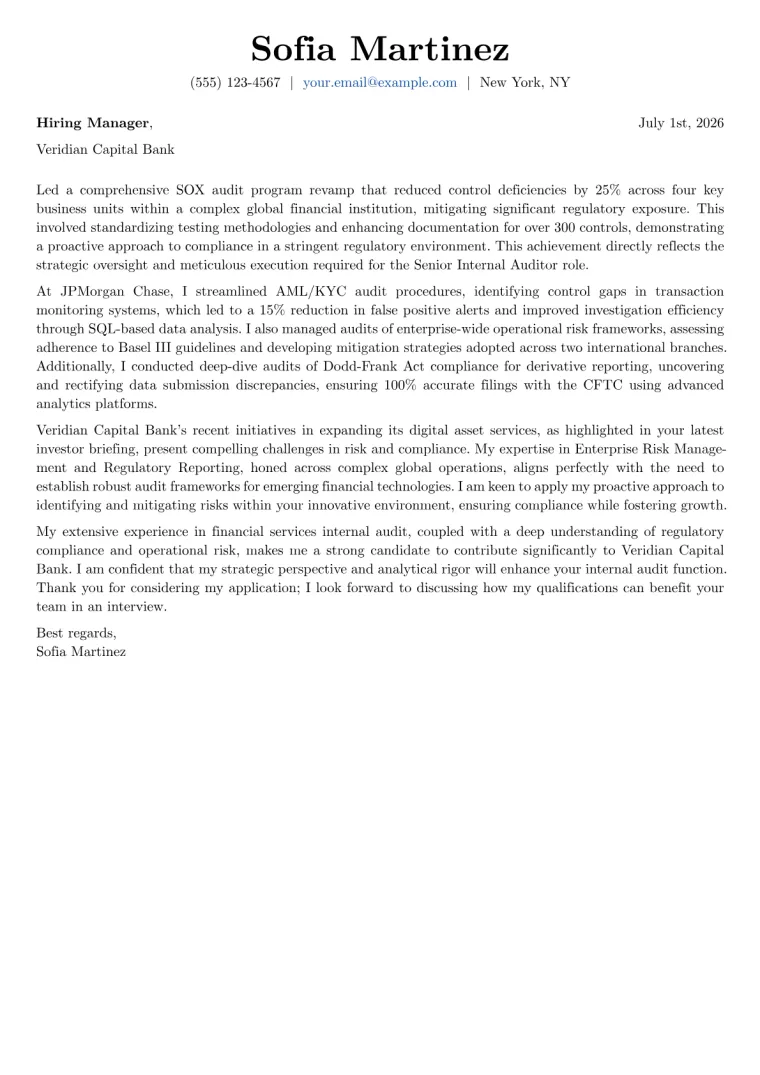 Senior Internal Auditor cover letter example preview
