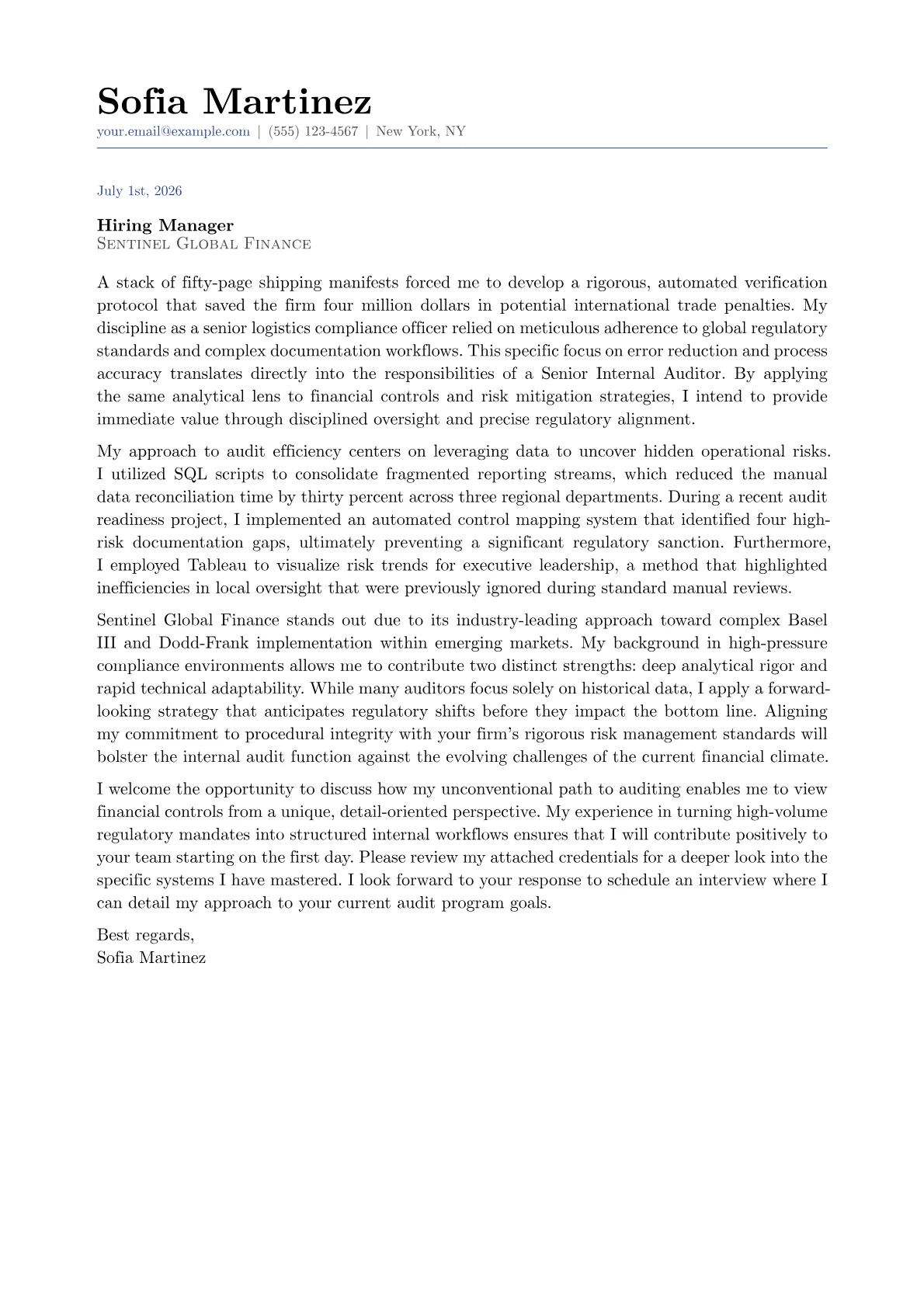 Senior Internal Auditor cover letter in the Classic design