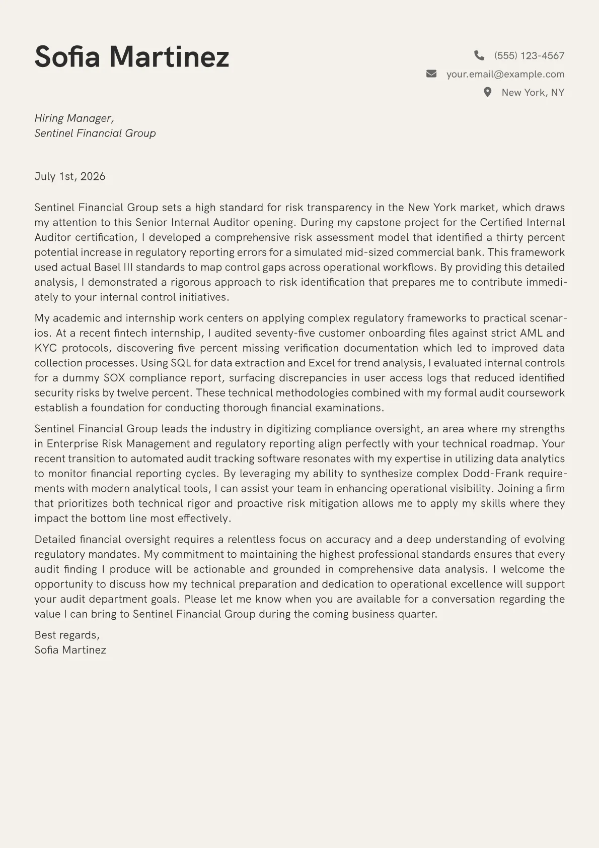 Senior Internal Auditor cover letter in the Creative design