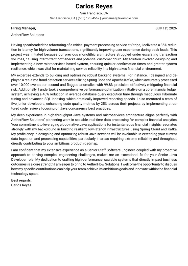 Senior Java Developer cover letter example